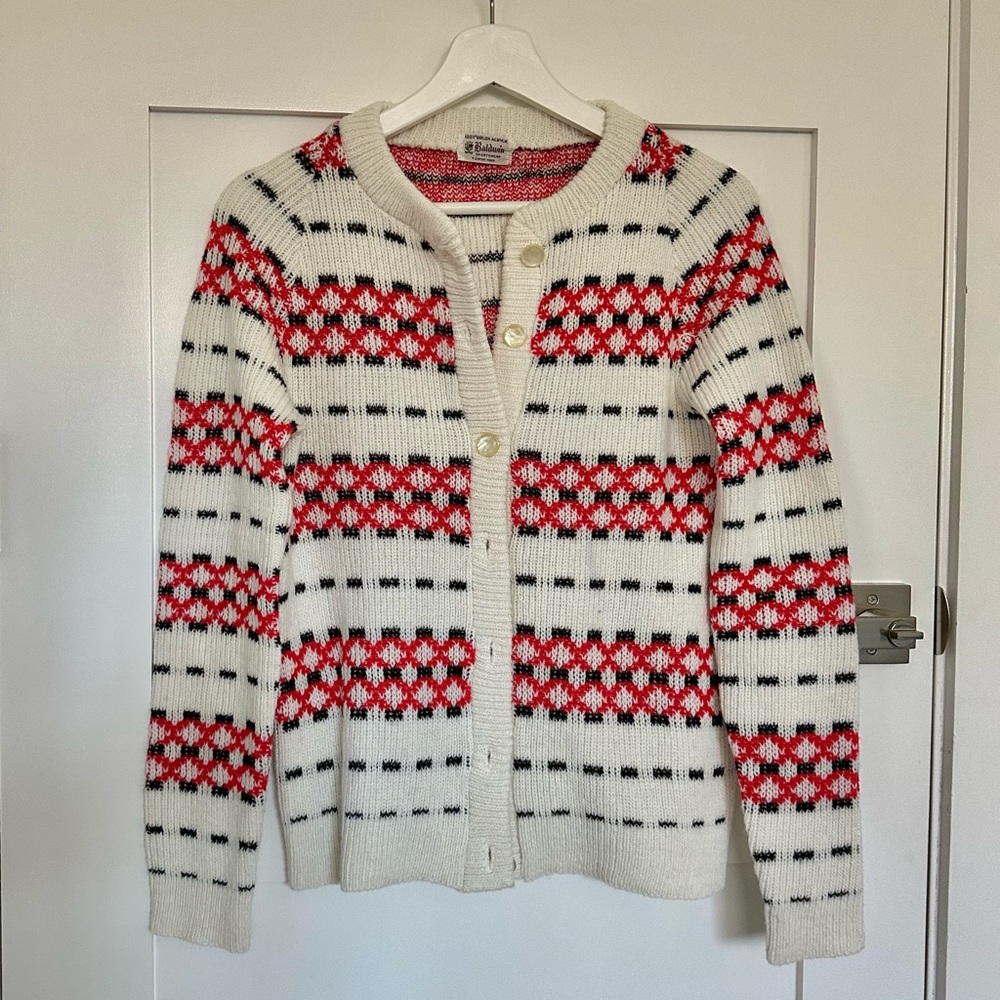 Vintage red black white printed Baldwin cardigan sweater